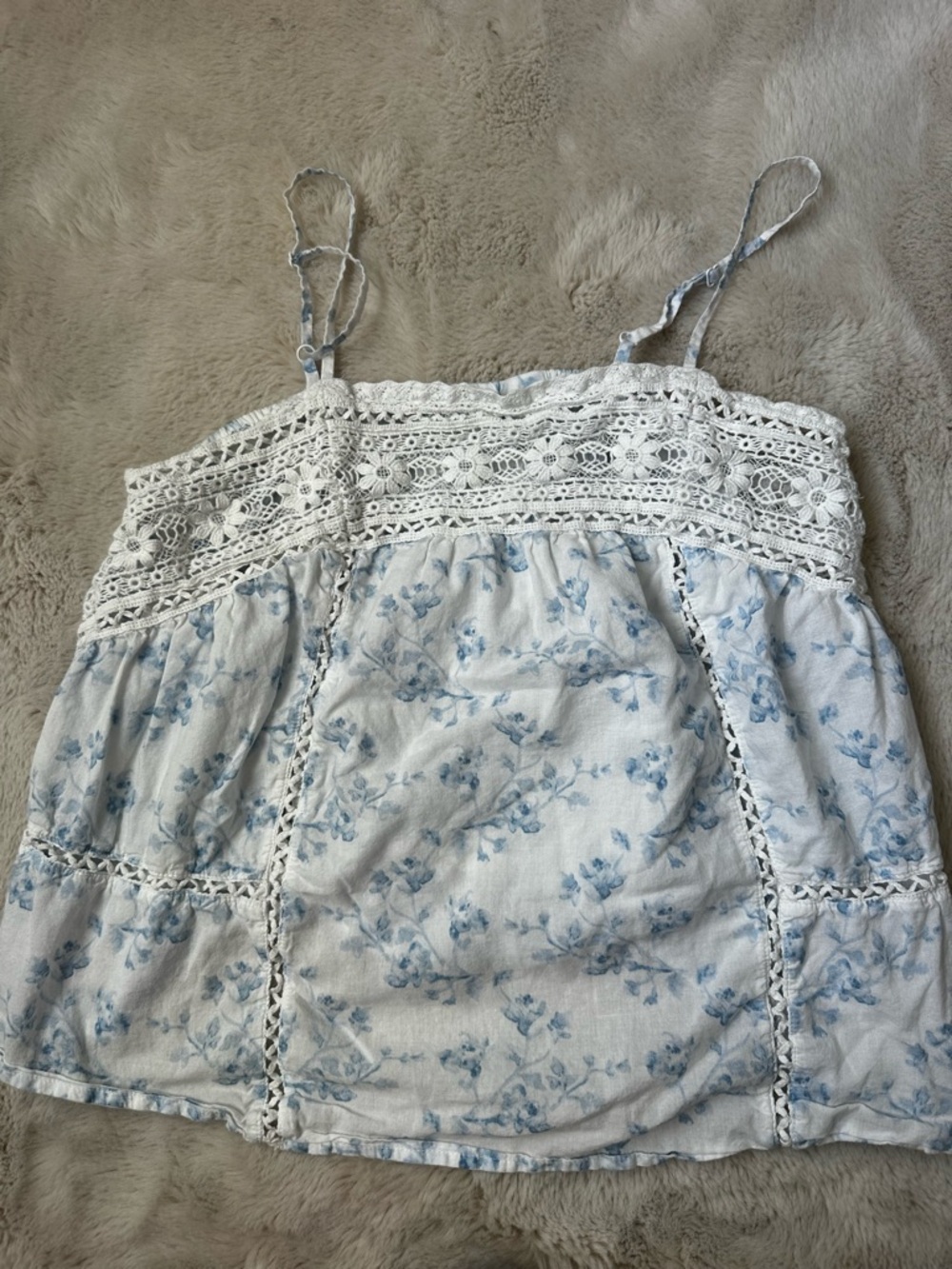 Caroline Constas White Cami with Light Blue Floral Print & Crochet Trim